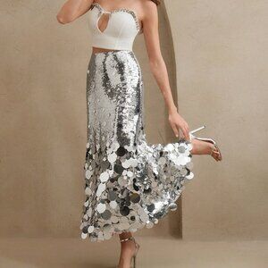 Silver Elegant Women's Sequin Long Bodycon Fishtail Skirt